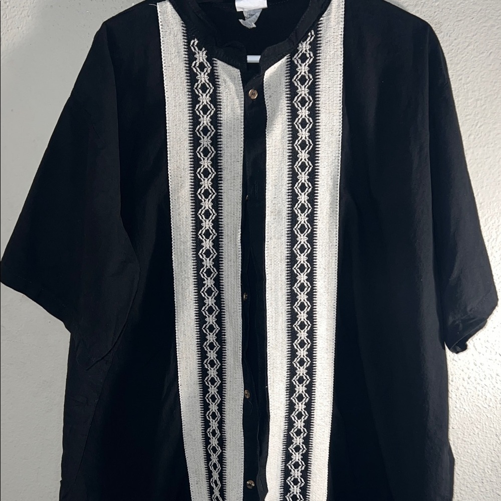 Men's Black and White Embroidered Button Down Shirt